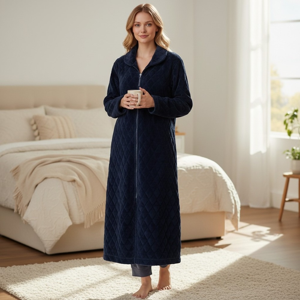 Croft & Barrow Navy Blue Quilted Faux Fur Full Zip Robe Large Loungewear